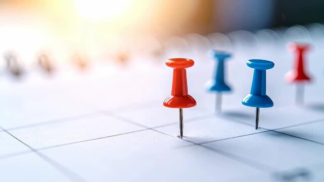 Close-up of colorful push pins on a calendar, marking important dates and appointments.