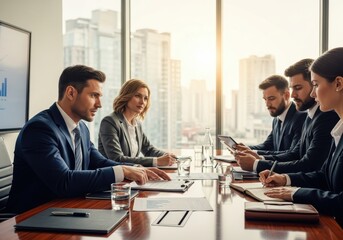 Business professionals collaborate during a meeting inside a high-rise office with city views