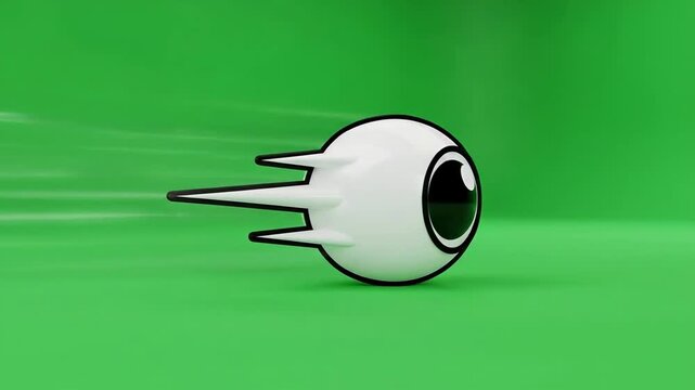 Abstract eye-shaped object with futuristic design, flying fast on a green background.