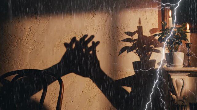 In a warm and inviting space, shadows playfully mimic hand movements as a fierce thunderstorm rumbles outside. Nature&rsquo;s energy inspires artistic expressions as rain falls and lightning flashes.