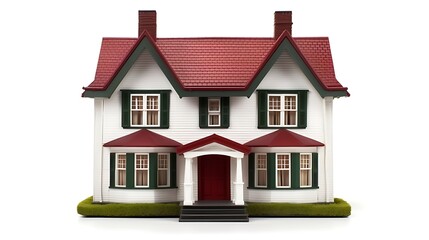 Charming miniature white house with red roof and green shutters on grass