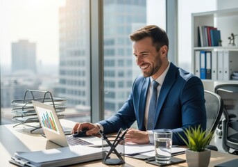 Professional businessman achieves success while working on financial data displayed on a laptop in a bright office overlooking a city