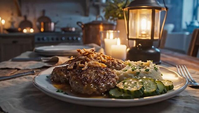 Cozy dinner setup with grilled meat and vegetables on rustic table by candlelight