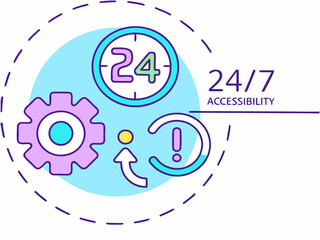 24/7 accessibility symbol with gear, clock and warning icons