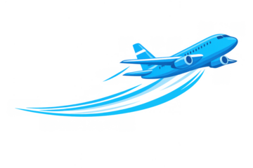 Blue passenger airplane flying, taking off with speed trails, representing travel, aviation, and swift transport