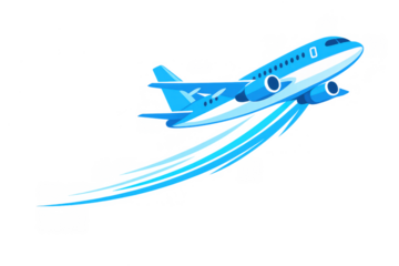 Blue airplane taking off, flying fast with speed trails, representing travel, air transport, and rapid delivery concepts