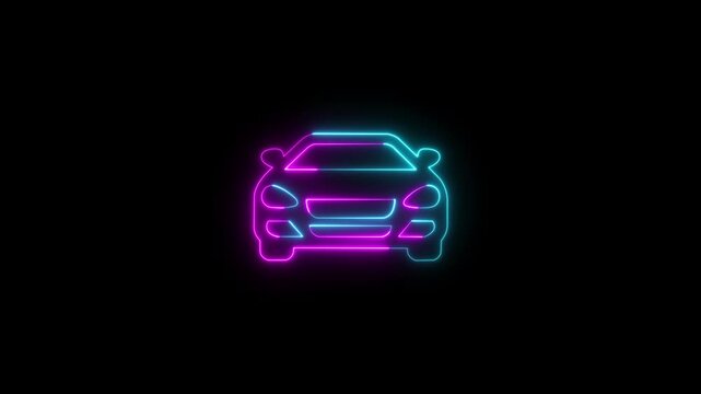 Neon glowing car driving, mode icon on black background animation. eon Outline of a Sedan Car automobile vehicle, Neon Car Outline on Black Background automobile, car icon with neon glowing effect.
