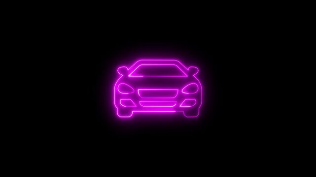 Neon glowing car driving, mode icon on black background animation. eon Outline of a Sedan Car automobile vehicle, Neon Car Outline on Black Background automobile, car icon with neon glowing effect.