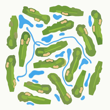 Golf Course Map Vector Illustration with 18 Holes Water Hazards and Sand Bunkers in Flat Style