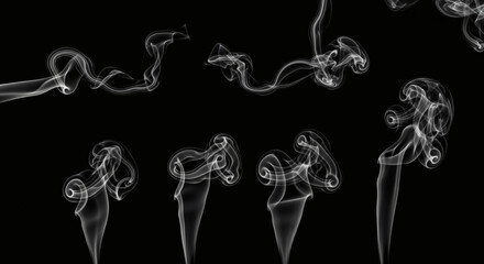 Several wispy smoke plumes gracefully curl and rise against a stark black backdrop. This graphic depicts elegant, ethereal forms