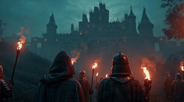 Group of Medieval Knights and a Hooded Figure Holding Torches Looking Toward a Dark Gothic Castle at Night