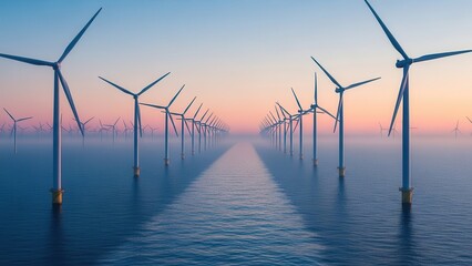 Offshore wind farm at sunset reflecting on water.