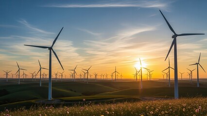 Wind turbines silhouetted against a vibrant sunset.