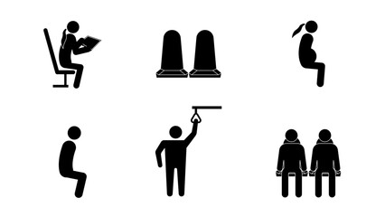 A vector set of various stick figure icons representing passengers and rules in public transport. Includes people sitting, a pregnant woman and commuters holding handles.