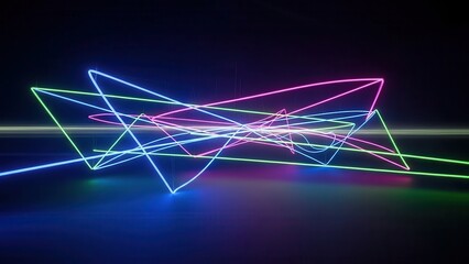 Colorful neon light trails in a dark space.