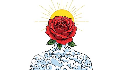 A red rose emerging from clouds with a radiant sun shining brightly in the background