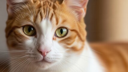 Close-up of a curious orange tabby cat with bright green eyes.