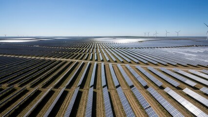 Expansive solar farm with wind turbines in the background.