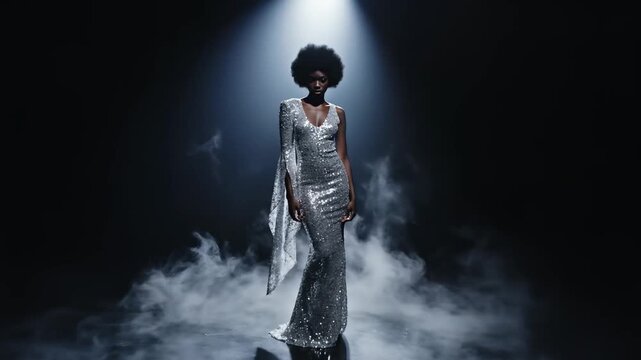 Graceful movements capture attention as a dancer in a shimmering silver gown glides through a fog-filled space. The dramatic spotlight enhances the mesmerizing performance.