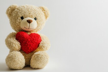 Obraz premium Cute heart display, Simple promotional image showcasing teddy holding red heart on white background, Ecommerce hero shot of cuddly teddy bear clutching vibrant red heart against plain white backdrop