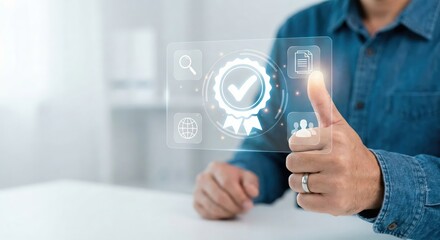 Obraz premium Adult Asian Man Showing Thumbs Up for Quality Assurance and Standard Certification Digital Icon, High-Tech Business Concept Indoors with Glowing Holographic Interface and Professional Mood