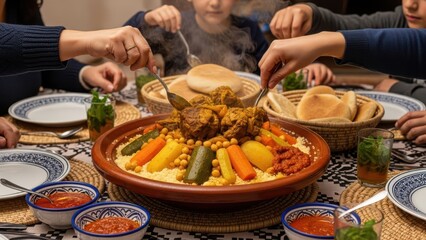 Family enjoying a traditional Moroccan meal together.