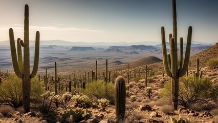 Desert landscape with towering cacti at sunset.