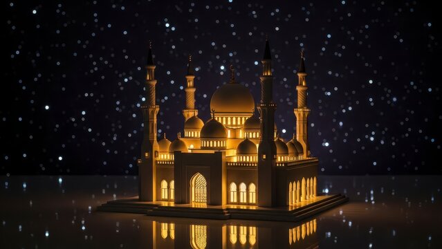 Illuminated mosque model under starlit sky