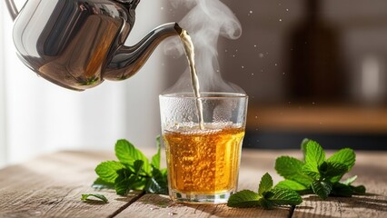 Steaming tea poured into a glass with fresh mint leaves.
