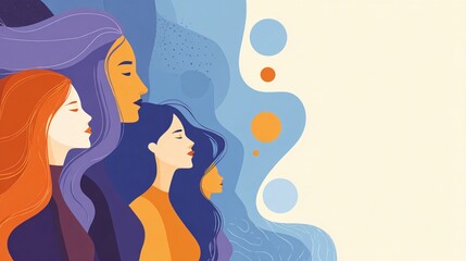 Four diverse women with long hair in profile, showcasing different hair colors and styles against a colorful abstract background. Emphasizes unity and diversity.