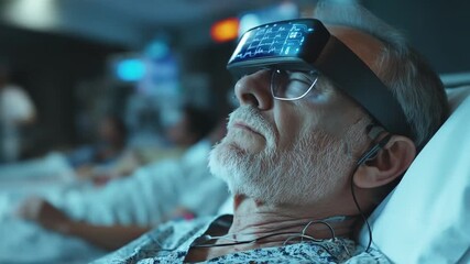 Elderly man in hospital bed wears futuristic VR headset displaying medical data - Powered by Adobe