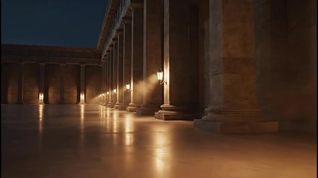 Ancient Stone Colonnade Illuminated by Warm Lanterns at Night With Starry Sky Visible Overhead and Light Reflections on Polished Floor