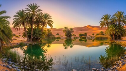 Obraz premium Tranquil oasis with palm trees and sand dunes at sunrise.
