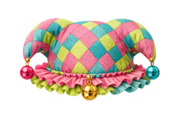 Jester hat with colorful harlequin pattern, bells accessory for carnival, fool costume, celebration, entertainment