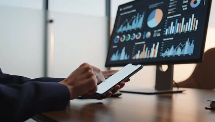 Businessperson analyzing data on computer while using smartphone - Powered by Adobe