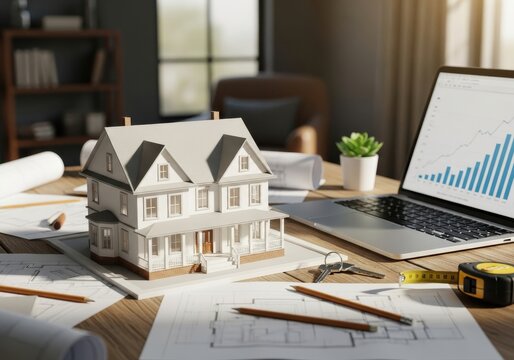 Detailed architectural model of a home sits on a desk alongside a laptop displaying growth charts and planning documents - Powered by Adobe