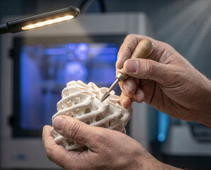 Close-up of artisan refining 3D printed object by hand, hybrid craftsmanship blending technology and human touch, high detail
