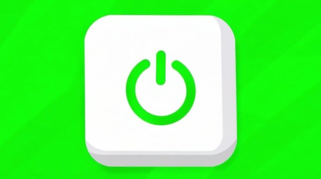 A crisp 3D white square button with a bold green power on/off icon is centered against a bright green background.
