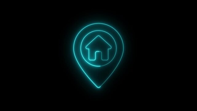 Glowing neon location in home icon. GPS track address place search direction icon. map pointer with house icon. An animated neon line location icon with a house inside. 4K Video motion animation.