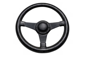 Black vintage leather racing steering wheel providing control and handling for driving, transparent background