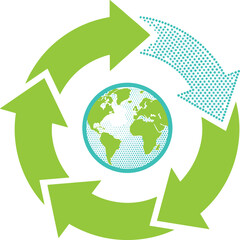 Circular recycling arrows around planet earth, sustainability concept, eco friendly environment, green economy, renewable resources, environmental protection illustration