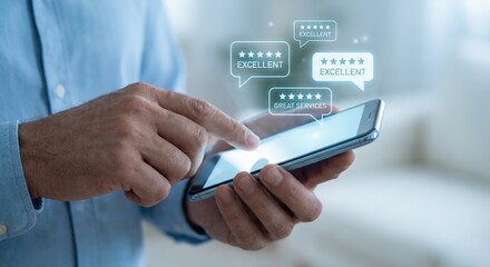Satisfied adult man indoors using a smartphone to give a five star rating and positive feedback with glowing digital review bubbles, customer service and high quality experience concept.