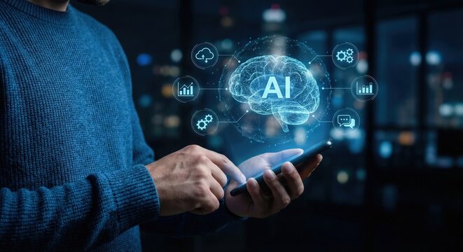 Adult man holding smartphone with glowing blue artificial intelligence (AI) brain hologram and data icons projecting from the screen in dark environment - Powered by Adobe