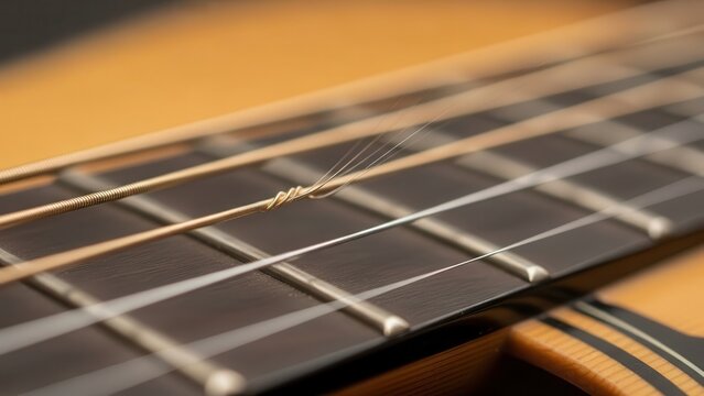 Close-up of a broken guitar string on a classic acoustic guitar.
