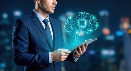 Professional adult man in a blue suit holding a tablet with a glowing holographic AI brain and neural networks, indoors, artificial intelligence and machine learning concept, night.