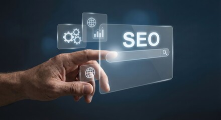 Professional Asian Adult Man indoors working on Digital Marketing SEO Strategy with Search Bar and Analytical Icons in a Dark Office, focusing on Web Optimization and Business Growth Concept.