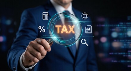 Professional Adult Man in Suit Analyzing Financial Tax Concepts with Glowing Digital Magnifying Glass Indoors, Smart Financial Consultant Using HUD Technology for Taxation Planning and Audit