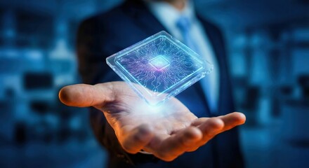 Professional Adult White Man in Office Holding Glowing Digital CPU Microchip, Futuristic Technology and AI Concept for Innovation and Data Processing, Cinematic Lighting, One Person