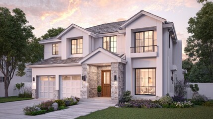 Obraz premium Modern two story residential house exterior with driveway and manicured landscaping