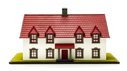 Charming miniature white house with red roof and green trim on display